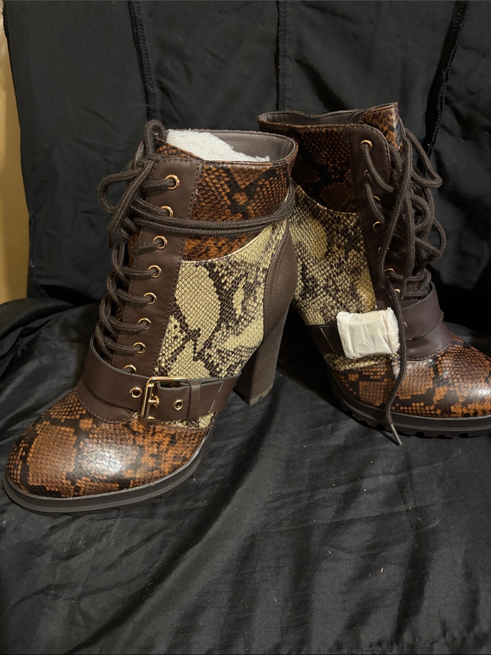 Brown Snake-Print Lace-Up Ankle Boots